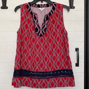 Crown & Ivy Red and Navy Sleeveless Blouse Medium Petite